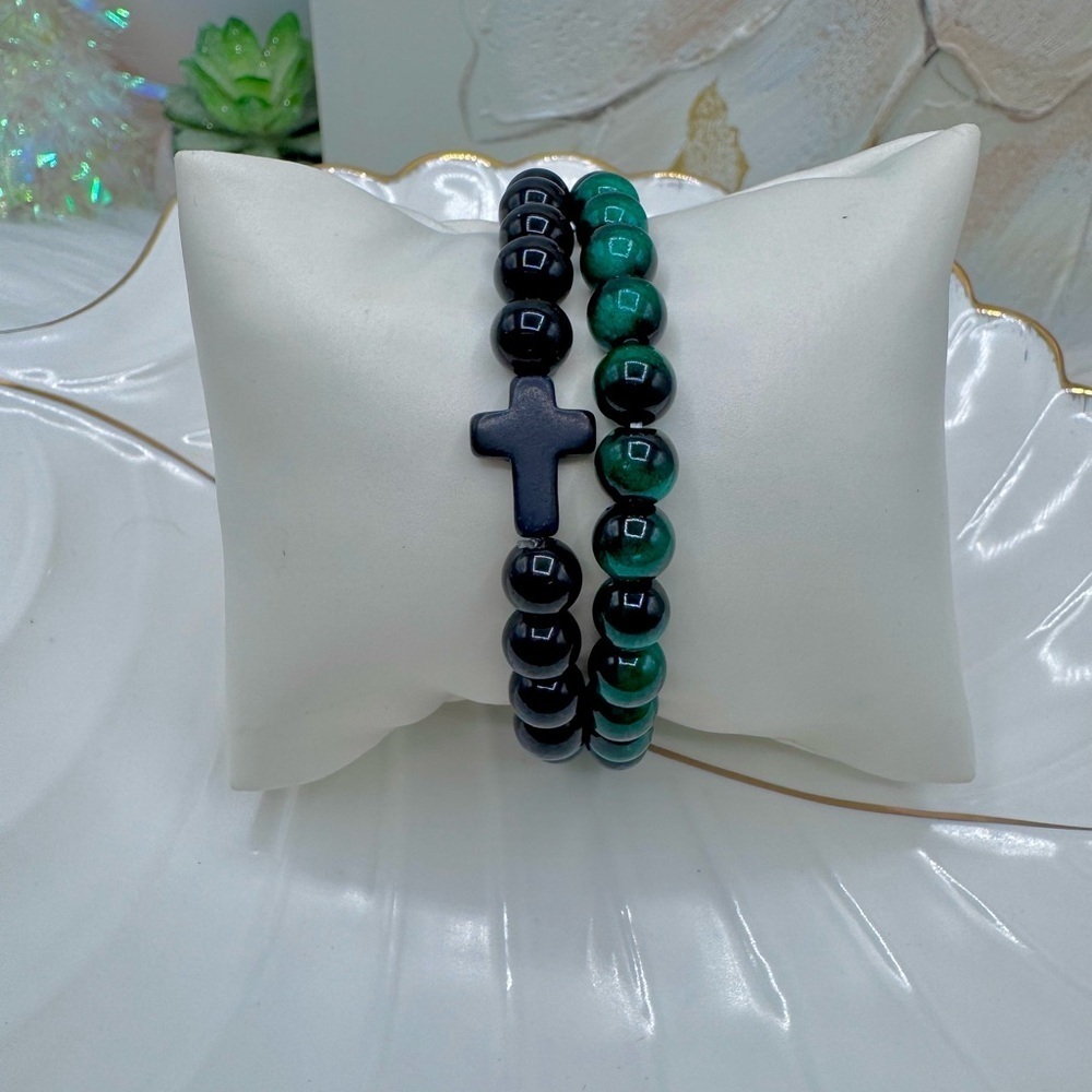 Green Tiger-eye with Cross stone beaded duo bracelet